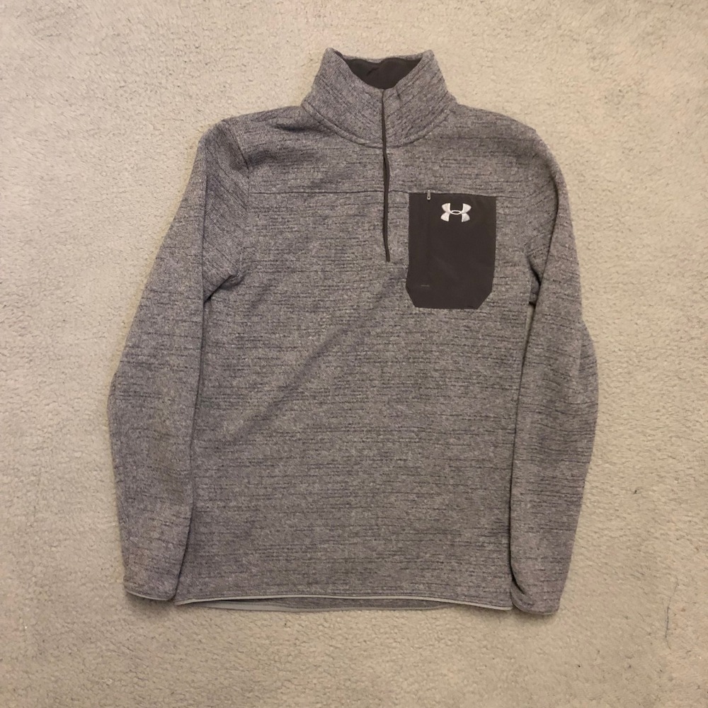 Under Armour ColdGear Sweater Fleece Quarter Button Pullover Gray Mens Sm Loose